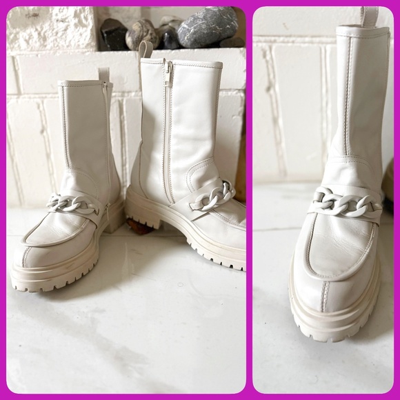 NAPOLEONI Beige Milk Leather Lug Sole Boot Chain Detail US 8/EU 39 - Picture 1 of 6